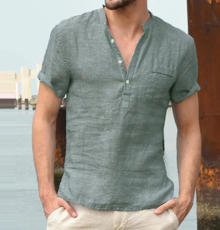Men's Short Sleeve Linen Style Shirt | Stand Collar Summer Look