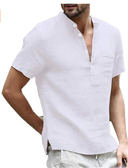 Men's Short Sleeve Linen Style Shirt | Stand Collar Summer Look