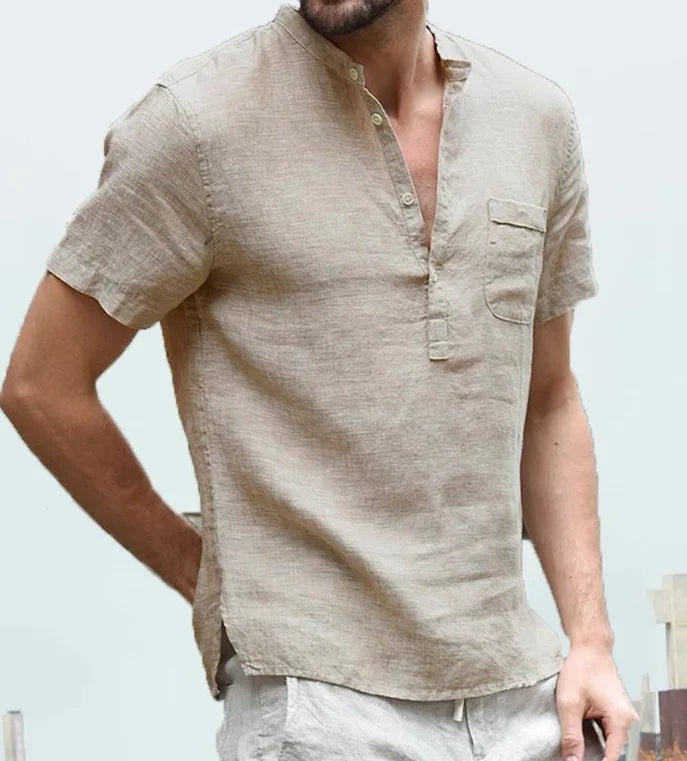 Men's Short Sleeve Linen Style Shirt | Stand Collar Summer Look