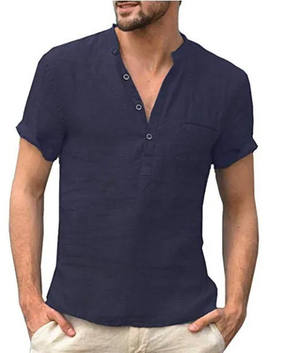 Men's Short Sleeve Linen Style Shirt | Stand Collar Summer Look