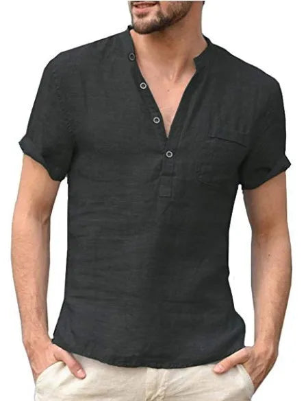 Men's Short Sleeve Linen Style Shirt | Stand Collar Summer Look