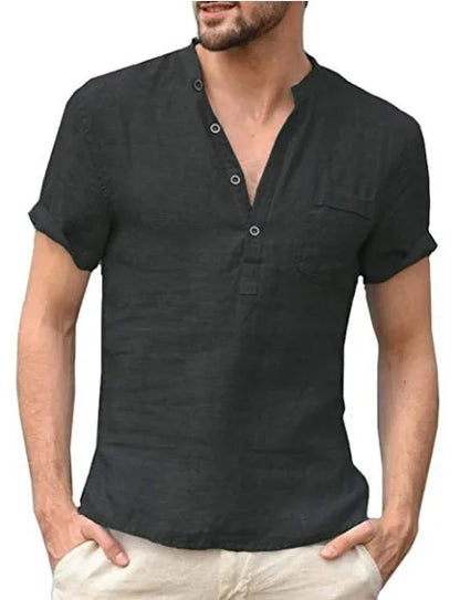 Men's Short Sleeve Linen Style Shirt | Stand Collar Summer Look