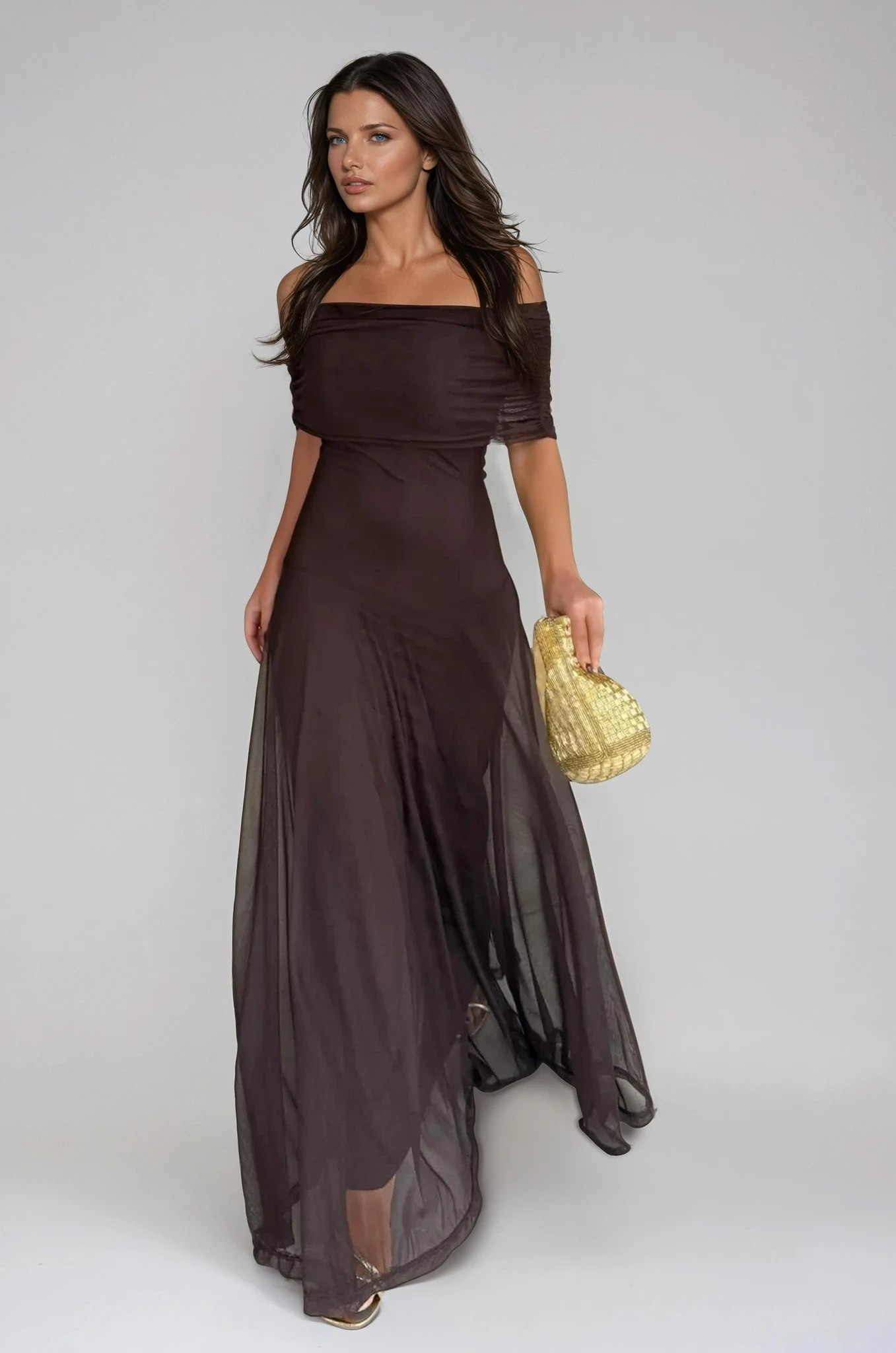 Women's Off-Shoulder Maxi Dress | Mesh Overlay Wedding Guest Style