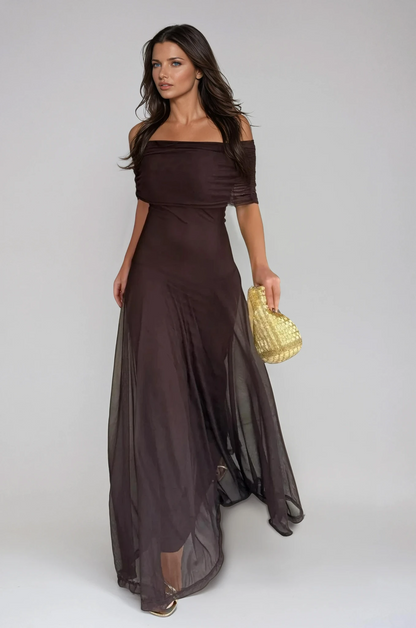 Women's Off-Shoulder Maxi Dress | Mesh Overlay Wedding Guest Style