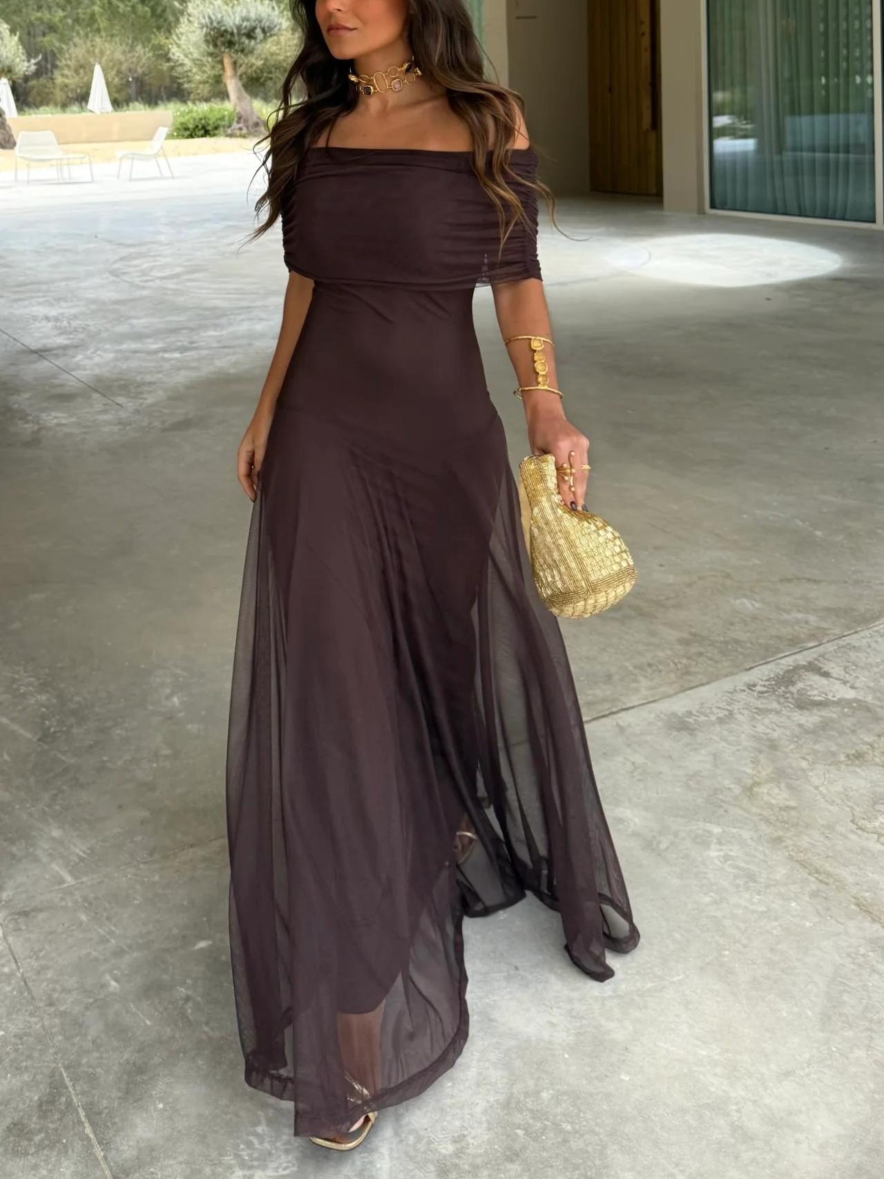 Women's Off-Shoulder Maxi Dress | Mesh Overlay Wedding Guest Style