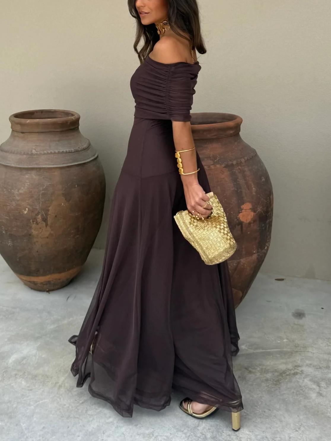 Women's Off-Shoulder Maxi Dress | Mesh Overlay Wedding Guest Style
