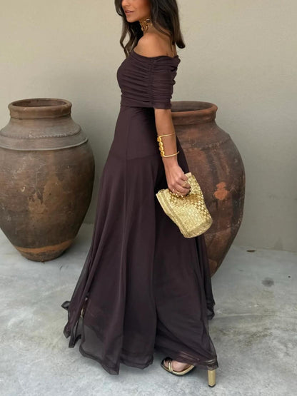 Women's Off-Shoulder Maxi Dress | Mesh Overlay Wedding Guest Style