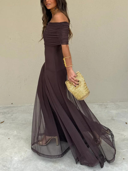 Women's Off-Shoulder Maxi Dress | Mesh Overlay Wedding Guest Style
