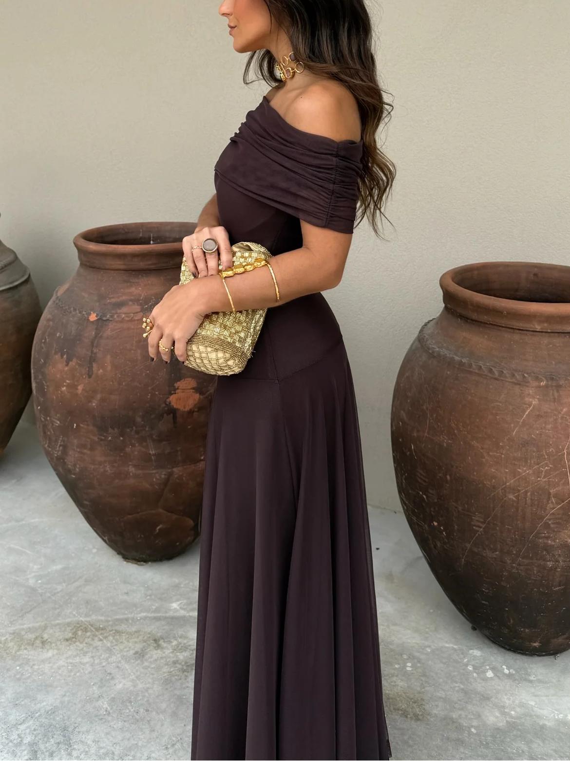 Women's Off-Shoulder Maxi Dress | Mesh Overlay Wedding Guest Style