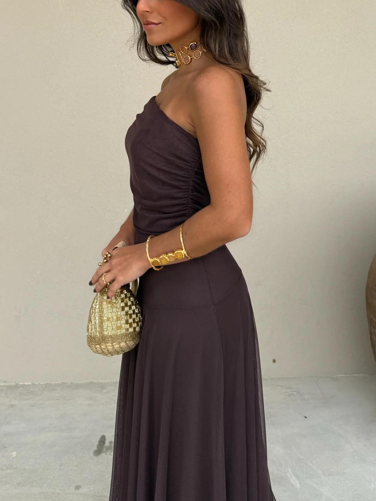 Women's Off-Shoulder Maxi Dress | Mesh Overlay Wedding Guest Style