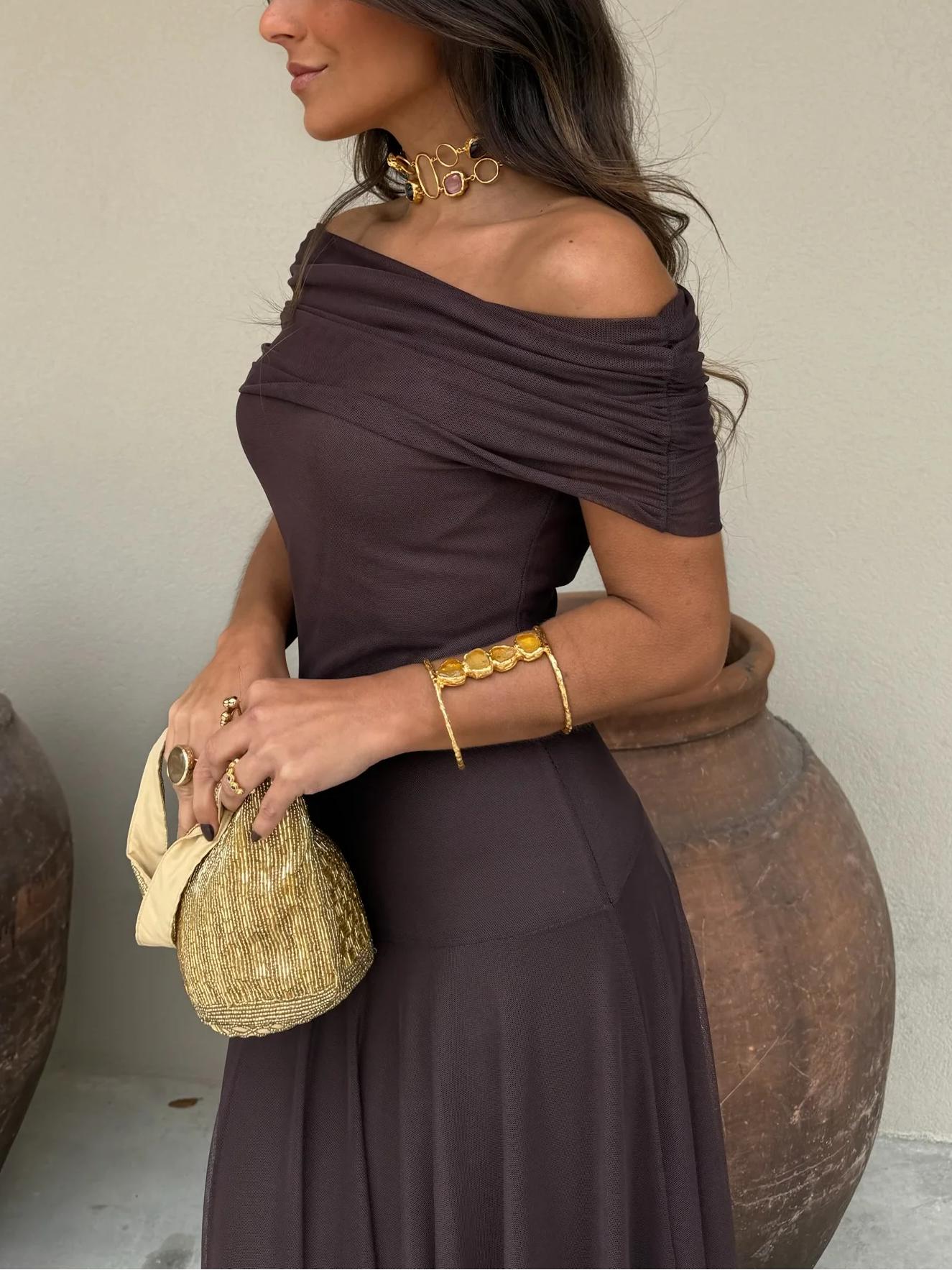 Women's Off-Shoulder Maxi Dress | Mesh Overlay Wedding Guest Style