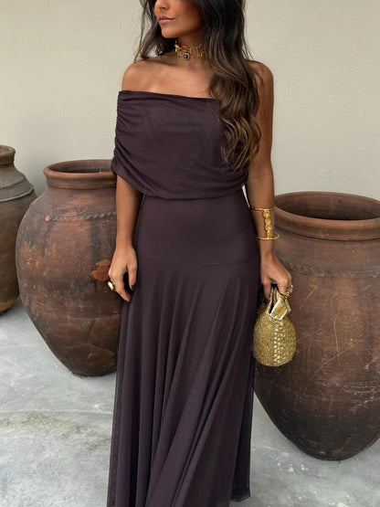 Women's Off-Shoulder Maxi Dress | Mesh Overlay Wedding Guest Style