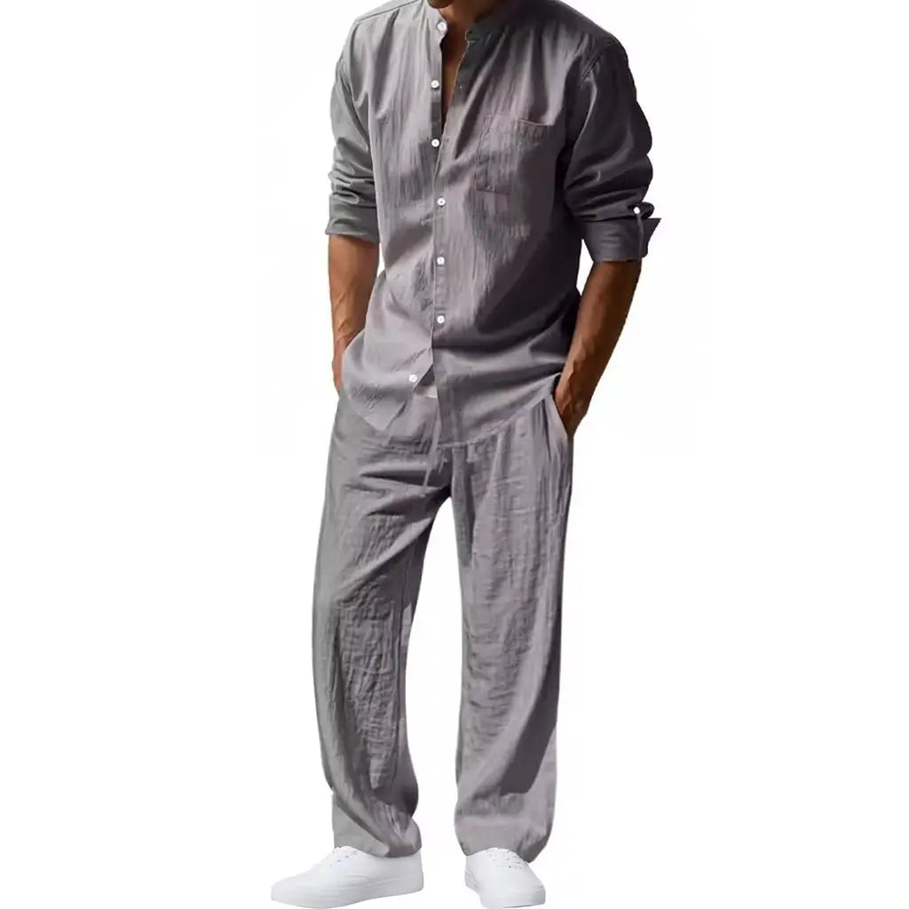 Men's Linen Style Two-Piece Set | Long Sleeve Shirt & Trousers