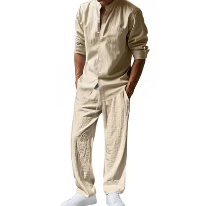 Men's Linen Style Two-Piece Set | Long Sleeve Shirt & Trousers