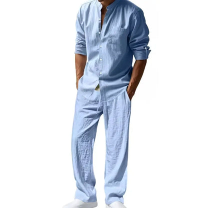 Men's Linen Style Two-Piece Set | Long Sleeve Shirt & Trousers