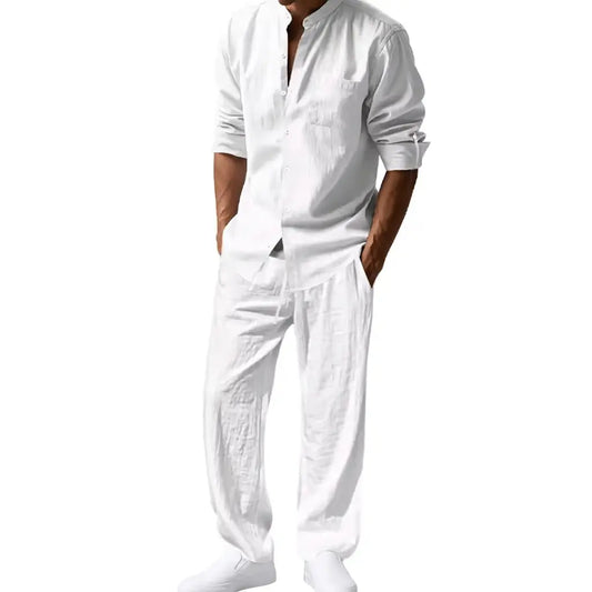 Men's Linen Style Two-Piece Set | Long Sleeve Shirt & Trousers