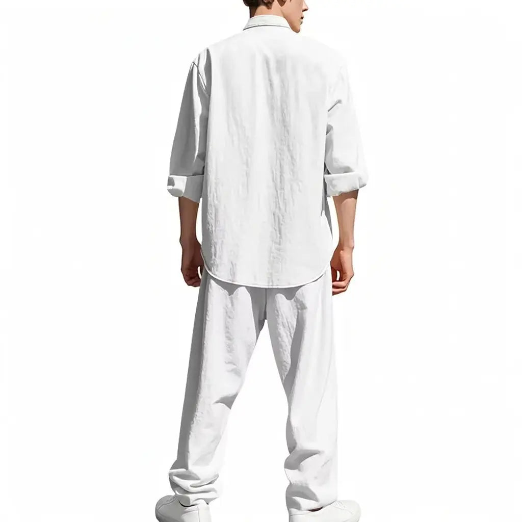Men's Linen Style Two-Piece Set | Long Sleeve Shirt & Trousers