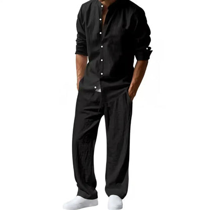 Men's Linen Style Two-Piece Set | Long Sleeve Shirt & Trousers