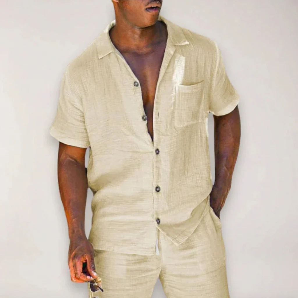 Men's Linen Blend Co-Ord Set | Shirt & Shorts with Chest Pocket