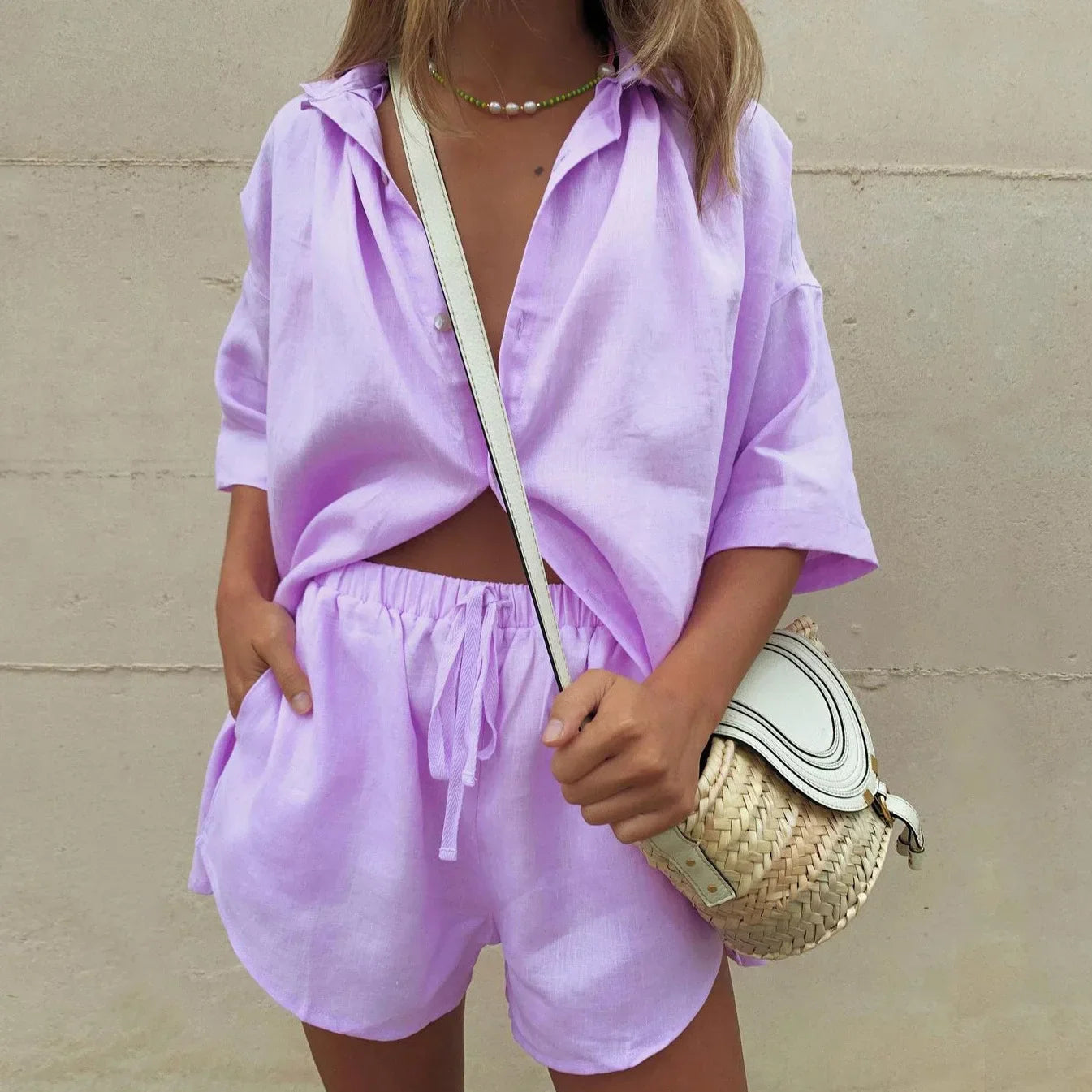 Women's Linen Style Summer Set | Shirt & Shorts Two-Piece