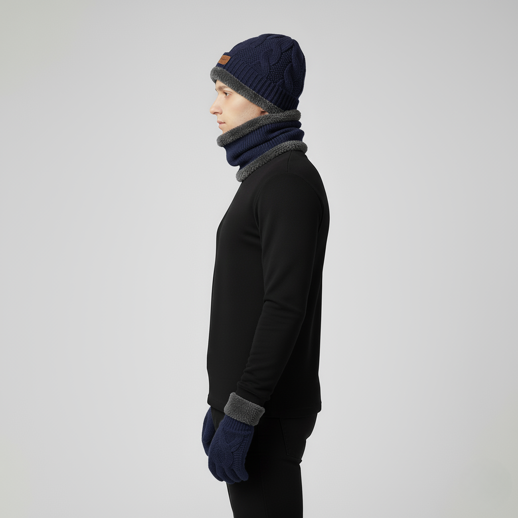 Men’s Warm Knit 3-Piece Set – Beanie, Scarf & Fleece Gloves