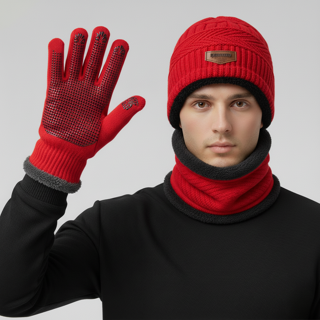 Men’s Warm Knit 3-Piece Set – Beanie, Scarf & Fleece Gloves