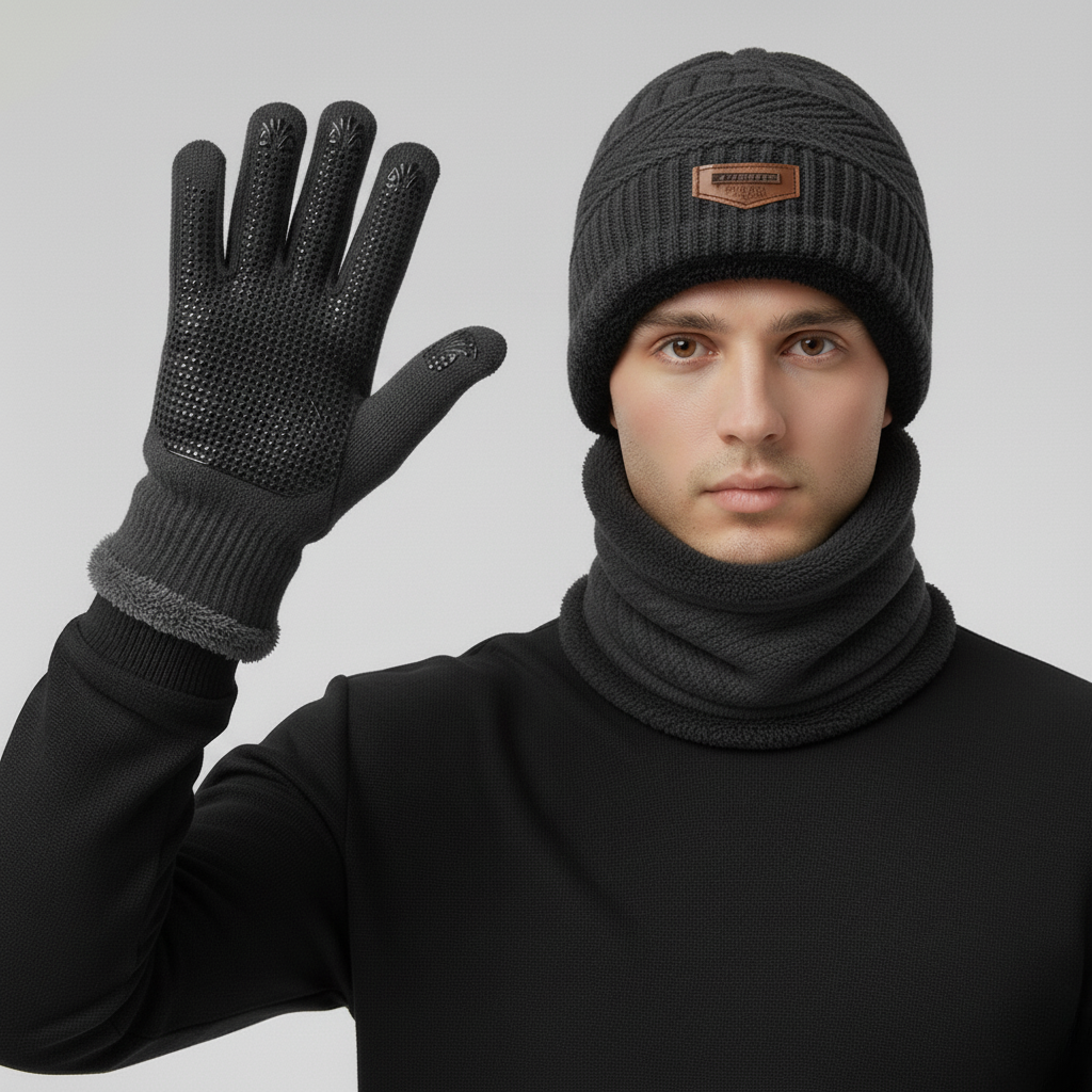 Men’s Warm Knit 3-Piece Set – Beanie, Scarf & Fleece Gloves