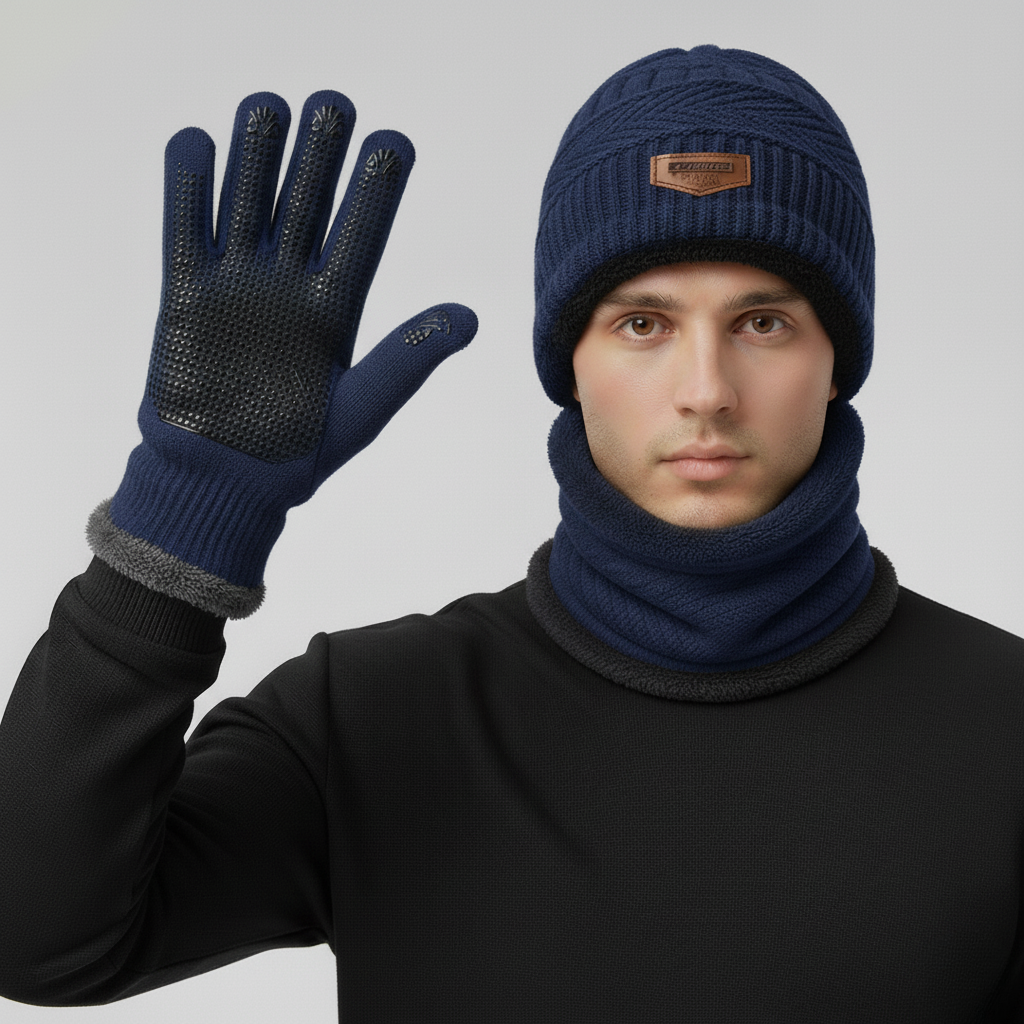 Men’s Warm Knit 3-Piece Set – Beanie, Scarf & Fleece Gloves