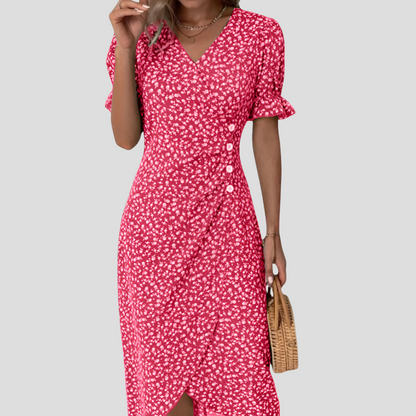 Women's Floral Puff Sleeve Midi Dress | Vintage Beach Style
