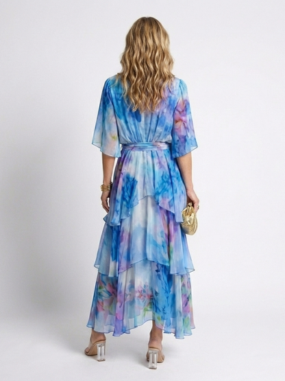 Women's Wrap Front Tiered Summer Dress | Wide Sleeve Tie Waist Style