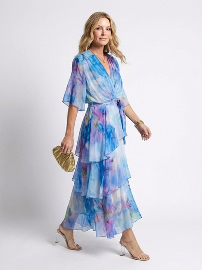 Women's Wrap Front Tiered Summer Dress | Wide Sleeve Tie Waist Style