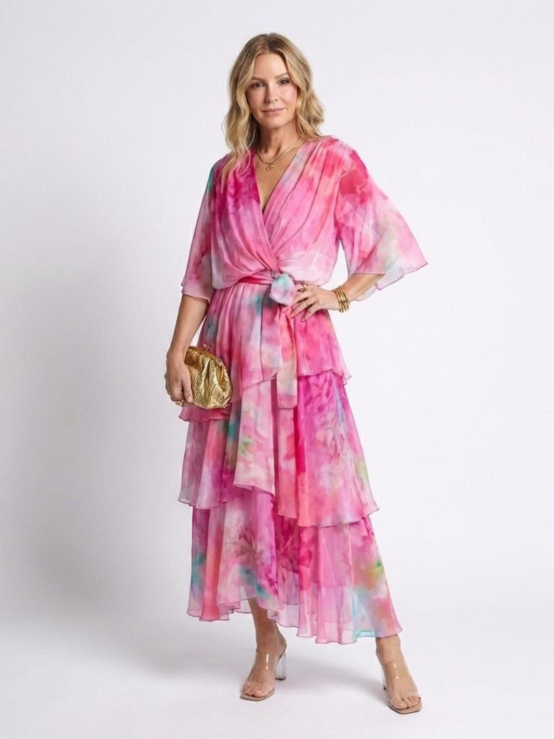 Women's Wrap Front Tiered Summer Dress | Wide Sleeve Tie Waist Style