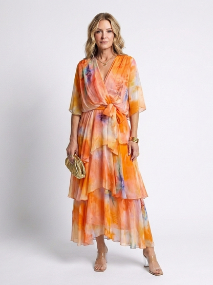 Women's Wrap Front Tiered Summer Dress | Wide Sleeve Tie Waist Style