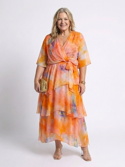 Women's Wrap Front Tiered Summer Dress | Wide Sleeve Tie Waist Style