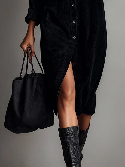 Women's Corduroy Style Midi Dress | Relaxed Fit with Chest Pockets