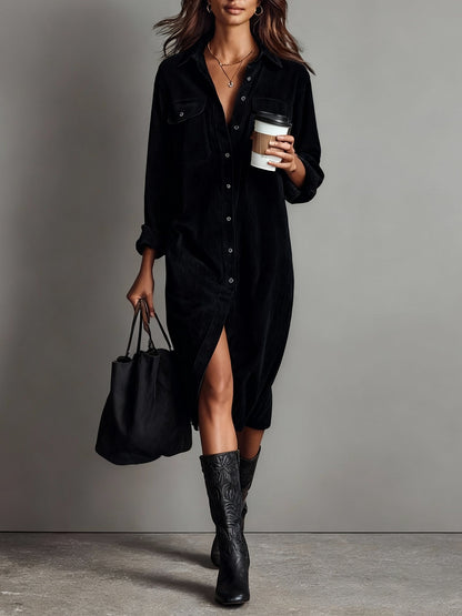 Women's Corduroy Style Midi Dress | Relaxed Fit with Chest Pockets