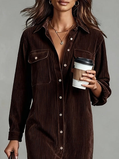 Women's Corduroy Style Midi Dress | Relaxed Fit with Chest Pockets