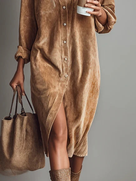 Women's Corduroy Style Midi Dress | Relaxed Fit with Chest Pockets