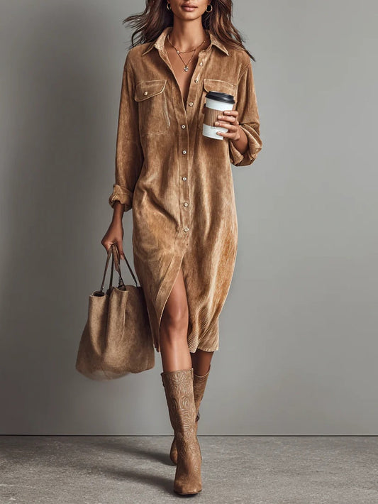 Women's Corduroy Style Midi Dress | Relaxed Fit with Chest Pockets