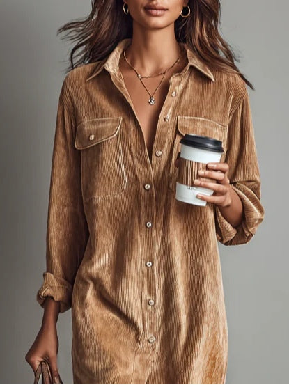 Women's Corduroy Style Midi Dress | Relaxed Fit with Chest Pockets