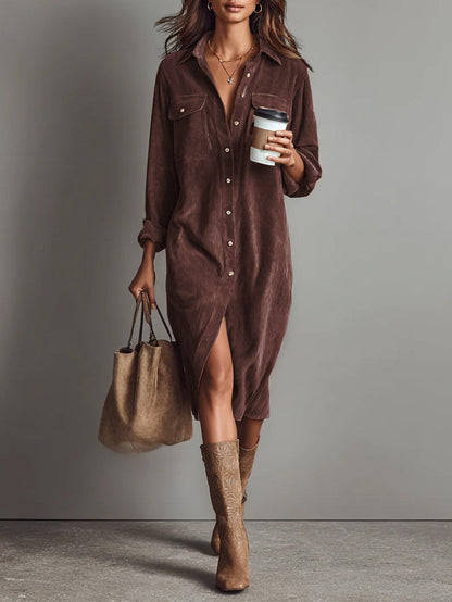 Women's Corduroy Style Midi Dress | Relaxed Fit with Chest Pockets