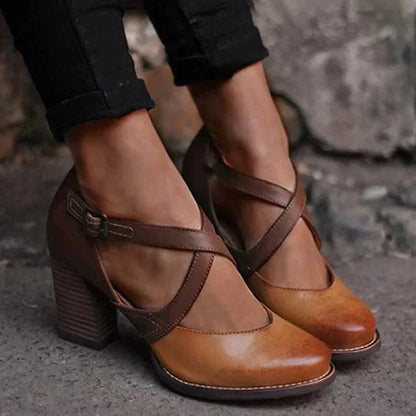 Women's Leather-Style Summer Heels | Light Brown Block Heel