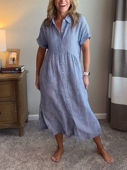 Women's Striped Maxi Shirt Dress | Button-Up Lapel Style
