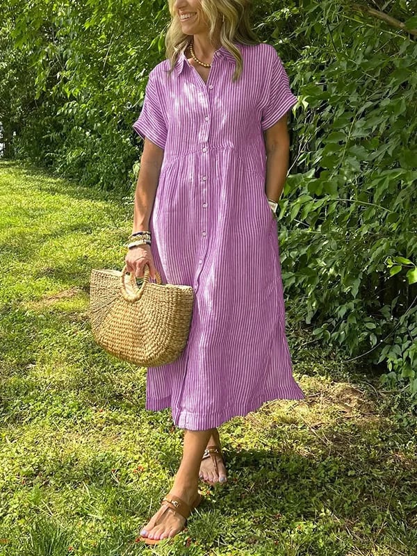 Women's Striped Maxi Shirt Dress | Button-Up Lapel Style
