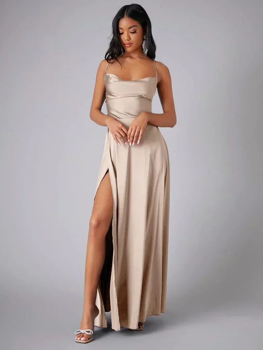 Women's Satin Style Maxi Evening Dress | Open Back High Split