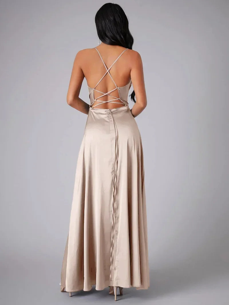 Women's Satin Style Maxi Evening Dress | Open Back High Split