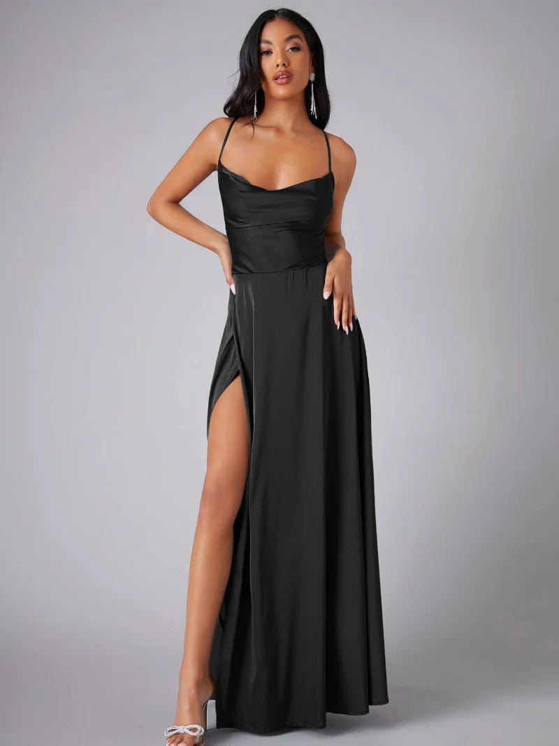 Women's Satin Style Maxi Evening Dress | Open Back High Split