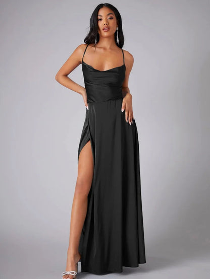 Women's Satin Style Maxi Evening Dress | Open Back High Split