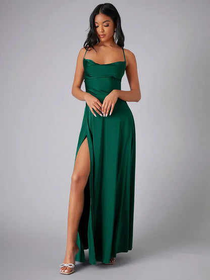 Women's Satin Style Maxi Evening Dress | Open Back High Split