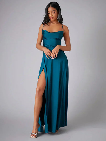 Women's Satin Style Maxi Evening Dress | Open Back High Split